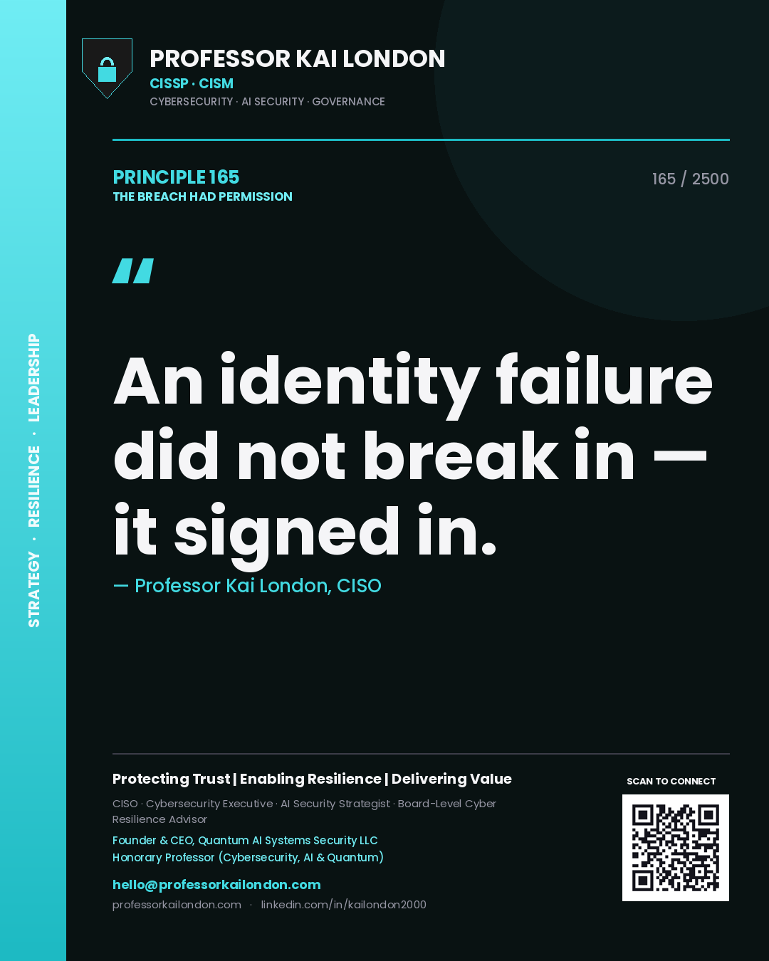 Quote card by Professor Kai London reading 'An identity failure did not break in — it signed in.'. From the book The Breach Had Permission.