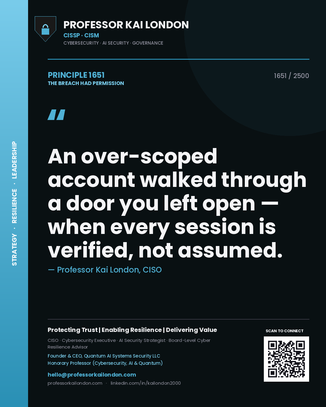 Professor Kai London principle 1651: An over-scoped account walked through a door you left open — when every session is verified, not assumed.
