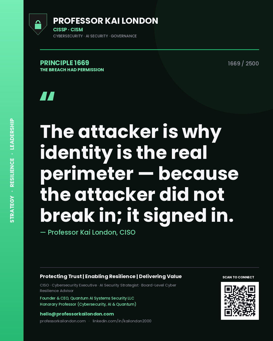 Professor Kai London principle 1669: The attacker is why identity is the real perimeter — because the attacker did not break in; it signed in.