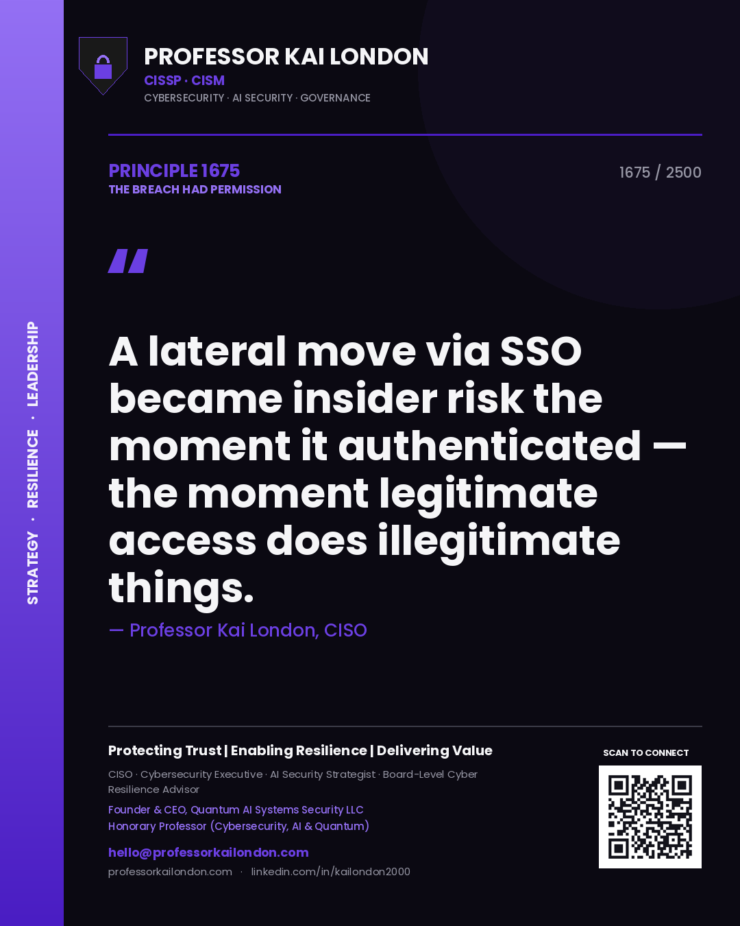 Professor Kai London principle 1675: A lateral move via SSO became insider risk the moment it authenticated — the moment legitimate access does illegitimate things.