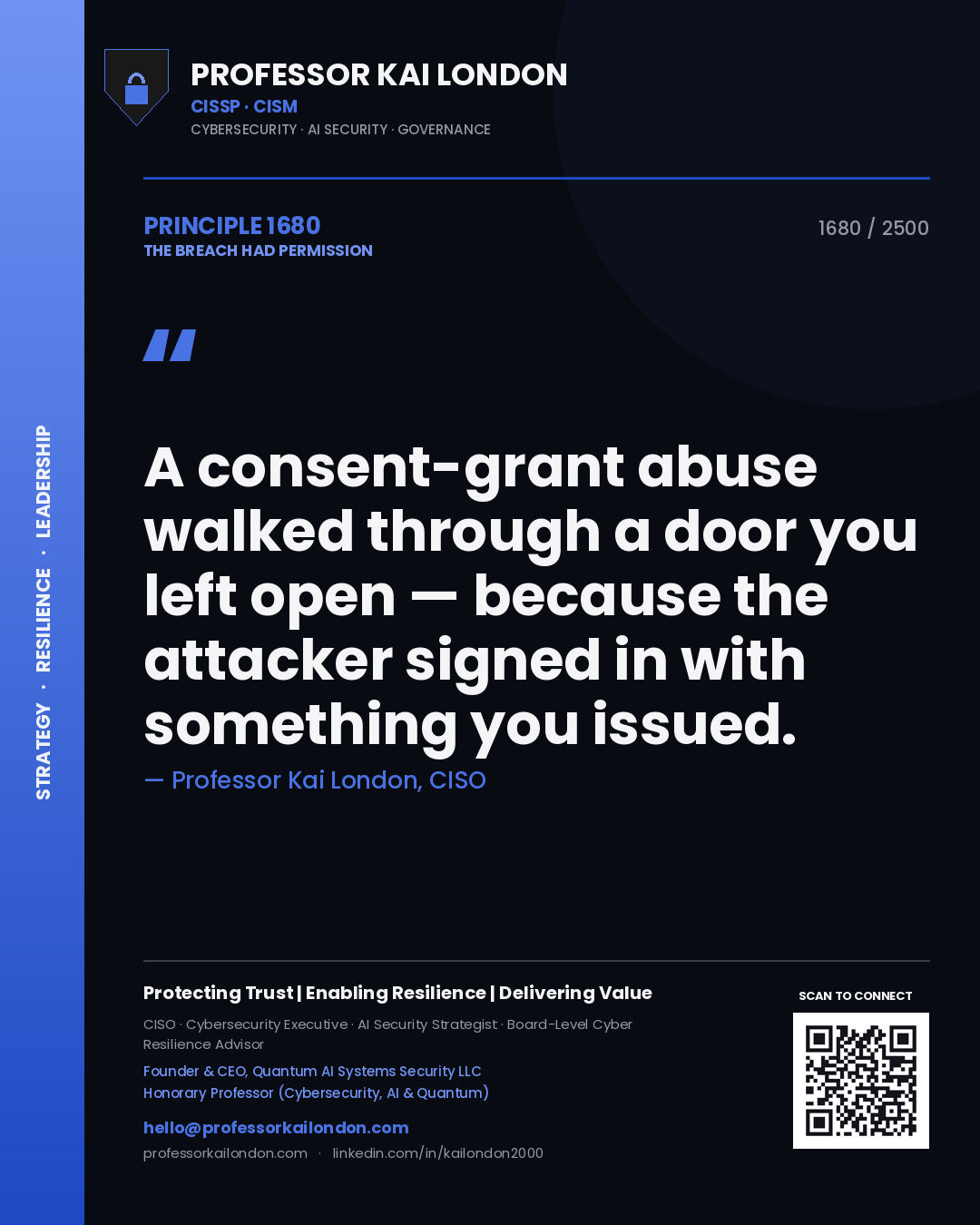 Professor Kai London principle 1680: A consent-grant abuse walked through a door you left open — because the attacker signed in with something you issued.