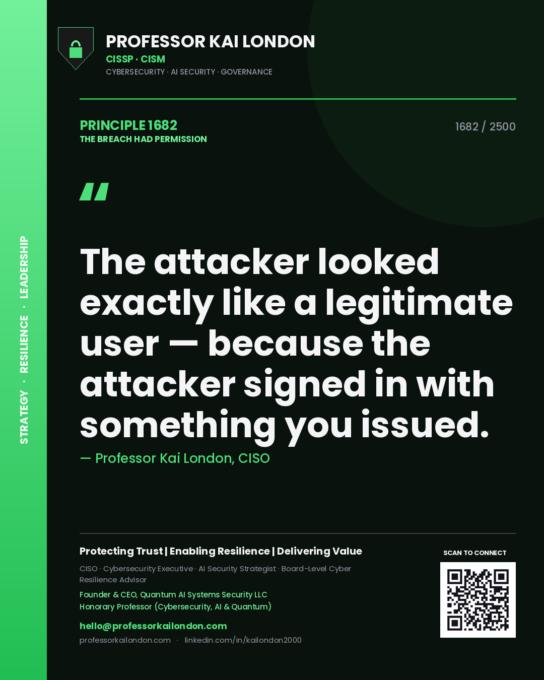 Quote card by Professor Kai London reading 'The attacker looked exactly like a legitimate user — because the attacker signed in with something you issued.'. From the book The Breach Had Permission.