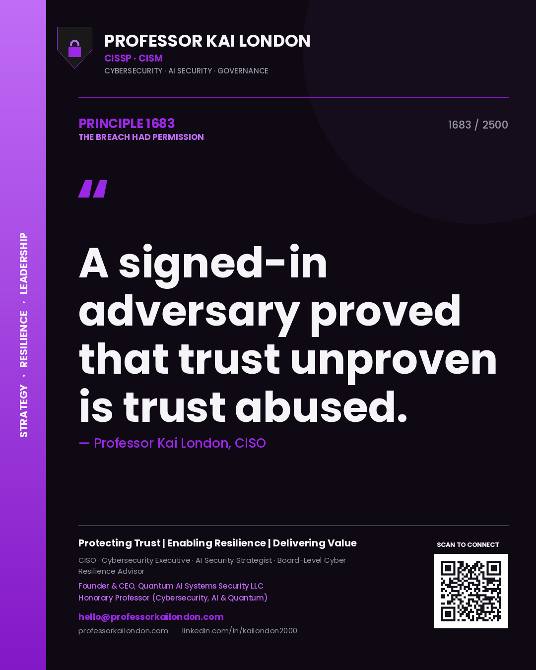 Quote card by Professor Kai London reading 'A signed-in adversary proved that trust unproven is trust abused.'. From the book The Breach Had Permission.