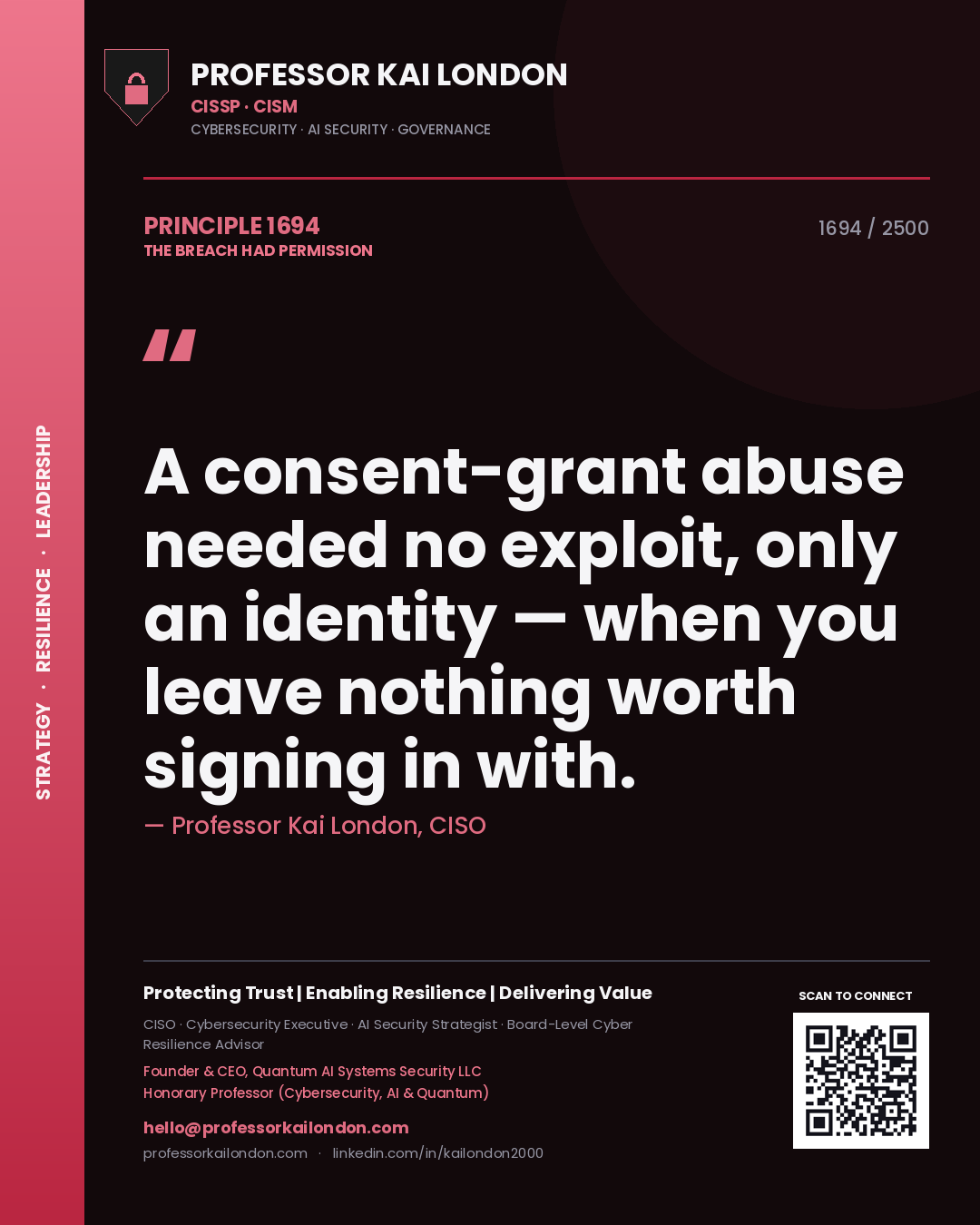 Professor Kai London principle 1694: A consent-grant abuse needed no exploit, only an identity — when you leave nothing worth signing in with.