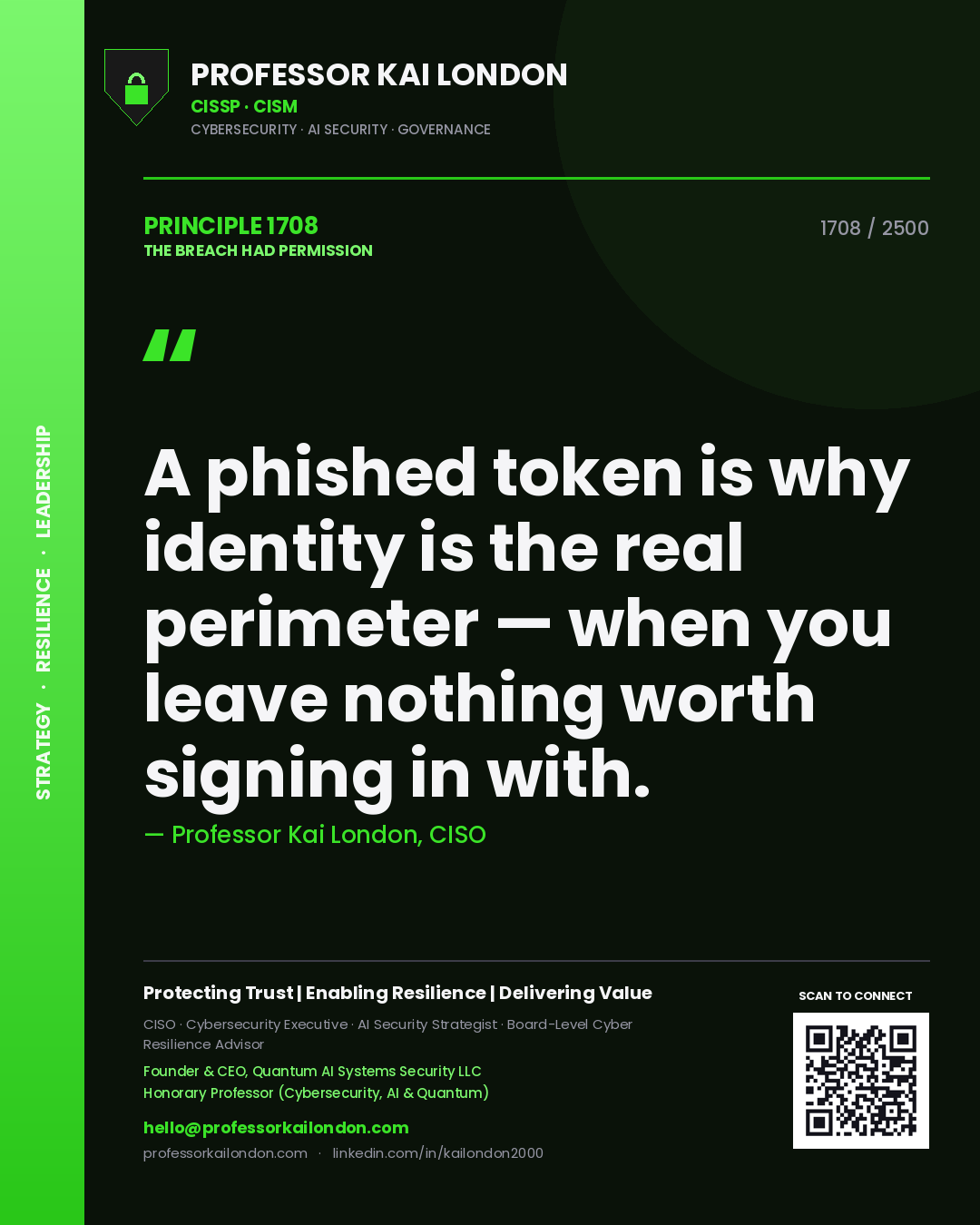 Professor Kai London principle 1708: A phished token is why identity is the real perimeter — when you leave nothing worth signing in with.