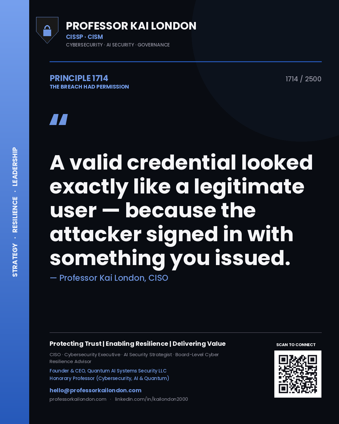 Quote card by Professor Kai London reading 'A valid credential looked exactly like a legitimate user — because the attacker signed in with something you issued.'. From the book The Breach Had Permission.