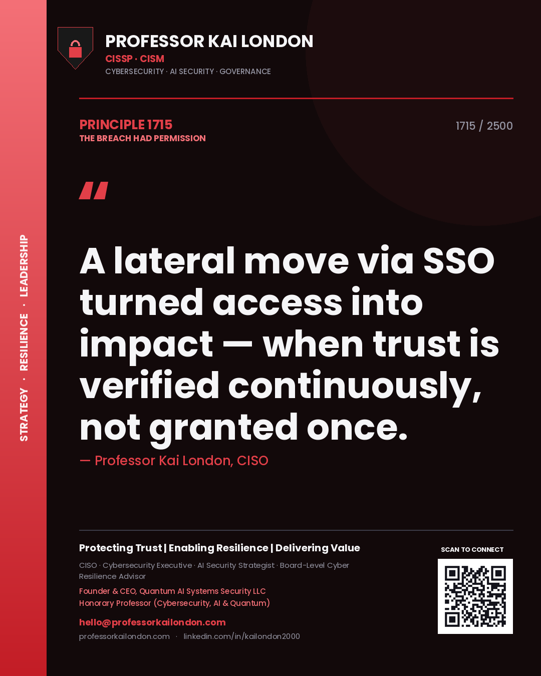 Quote card by Professor Kai London reading 'A lateral move via SSO turned access into impact — when trust is verified continuously, not granted once.'. From the book The Breach Had Permission.