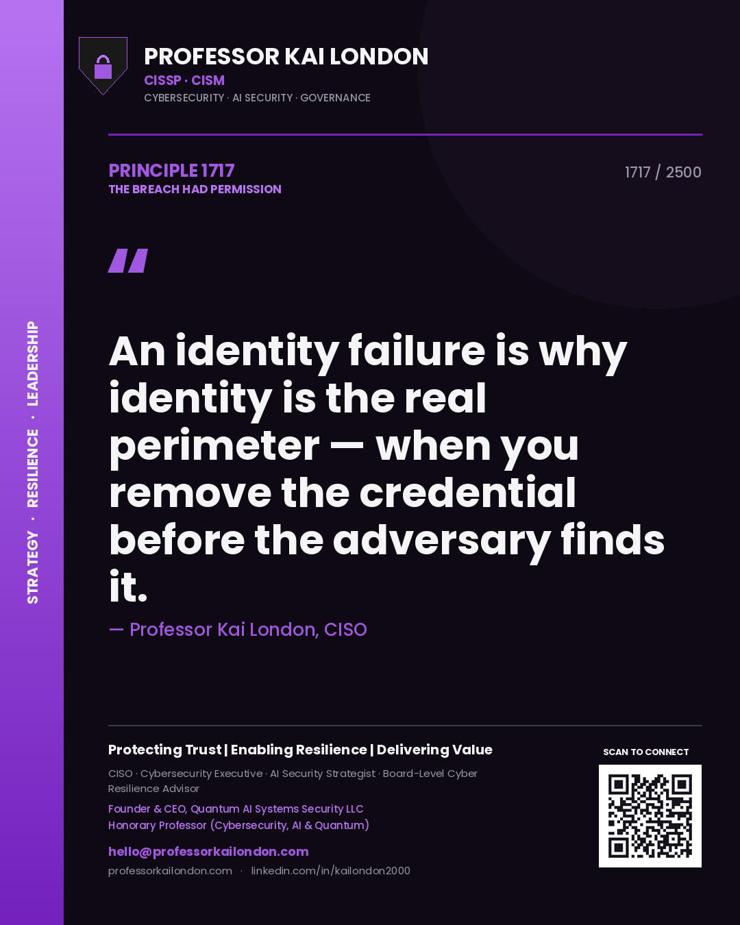 Professor Kai London principle 1717: An identity failure is why identity is the real perimeter — when you remove the credential before the adversary finds it.
