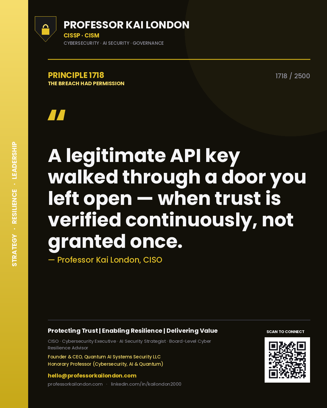 Quote card by Professor Kai London reading 'A legitimate API key walked through a door you left open — when trust is verified continuously, not granted once.'. From the book The Breach Had Permission.