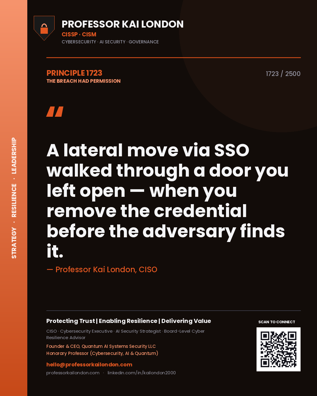 Professor Kai London principle 1723: A lateral move via SSO walked through a door you left open — when you remove the credential before the adversary finds it.