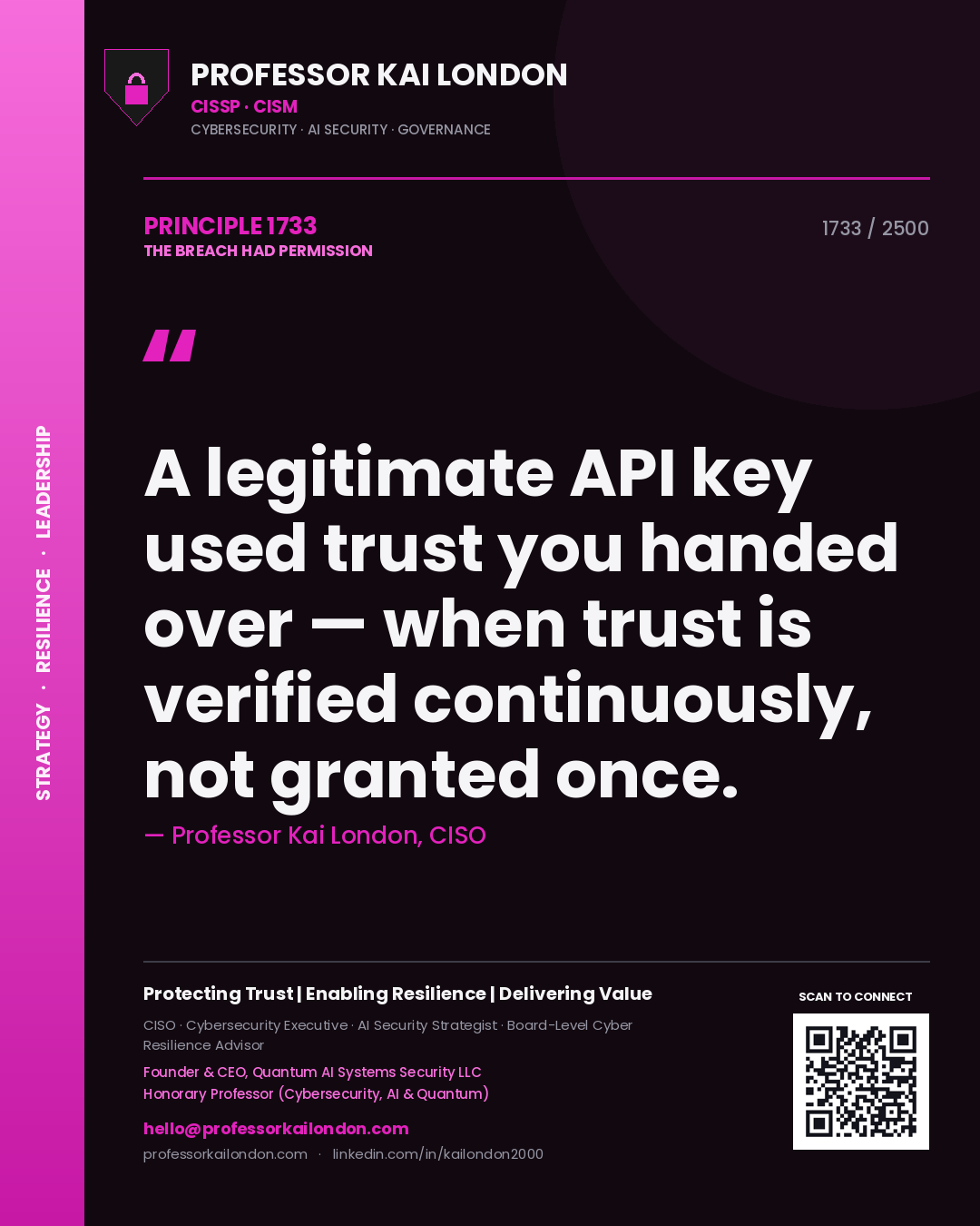 Professor Kai London principle 1733: A legitimate API key used trust you handed over — when trust is verified continuously, not granted once.