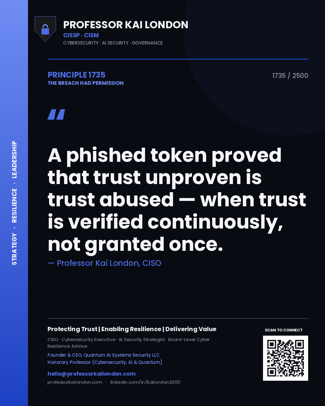 Quote card by Professor Kai London reading 'A phished token proved that trust unproven is trust abused — when trust is verified continuously, not granted once.'. From the book The Breach Had Permission.
