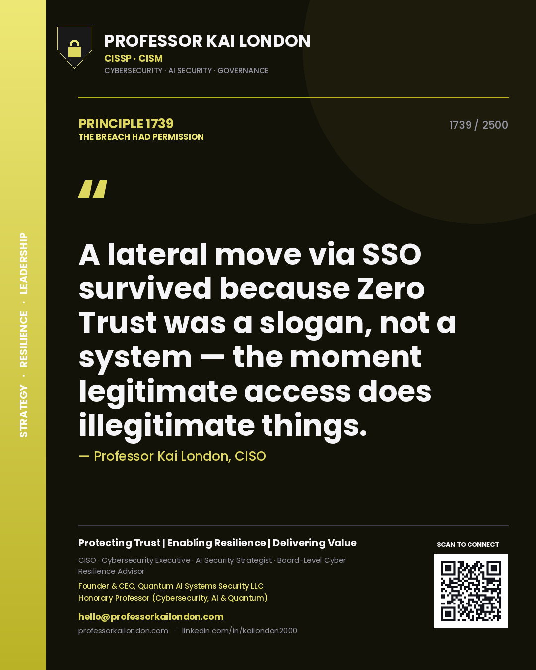 Professor Kai London principle 1739: A lateral move via SSO survived because Zero Trust was a slogan, not a system — the moment legitimate access does illegitimate things.