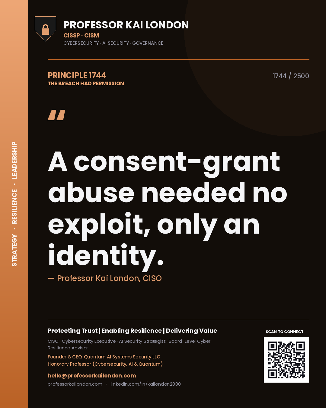 Professor Kai London principle 1744: A consent-grant abuse needed no exploit, only an identity.