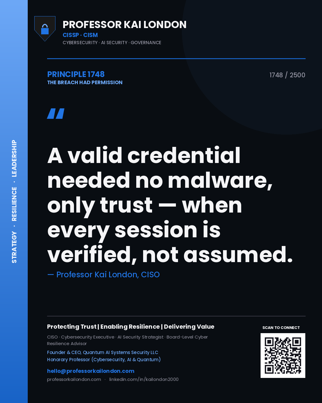 Quote card by Professor Kai London reading 'A valid credential needed no malware, only trust — when every session is verified, not assumed.'. From the book The Breach Had Permission.