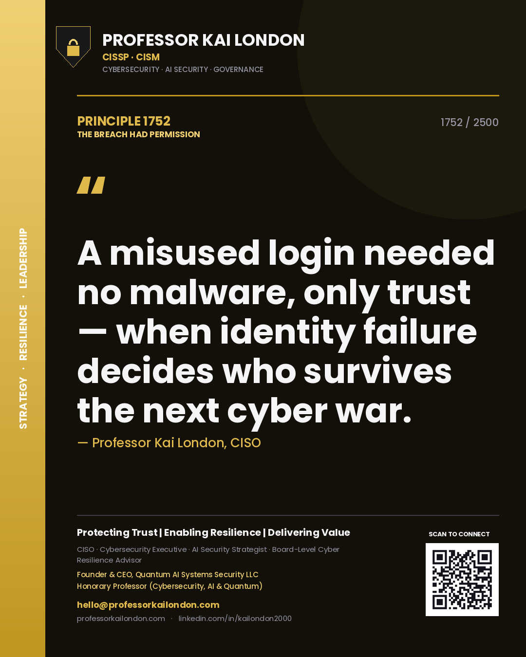 Professor Kai London principle 1752: A misused login needed no malware, only trust — when identity failure decides who survives the next cyber war.