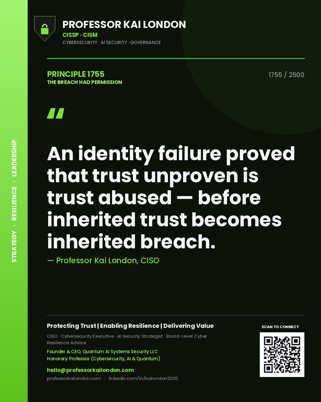 Professor Kai London principle 1755: An identity failure proved that trust unproven is trust abused — before inherited trust becomes inherited breach.