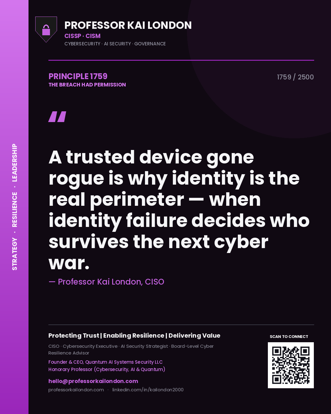 Quote card by Professor Kai London reading 'A trusted device gone rogue is why identity is the real perimeter — when identity failure decides who survives the next cyber war.'. From the book The Breach Had Permission.