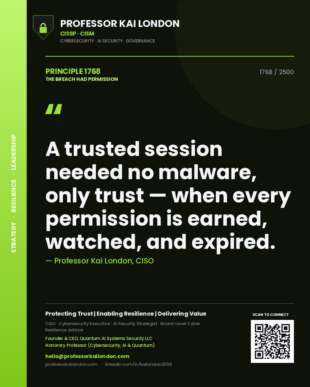 Quote card by Professor Kai London reading 'A trusted session needed no malware, only trust — when every permission is earned, watched, and expired.'. From the book The Breach Had Permission.