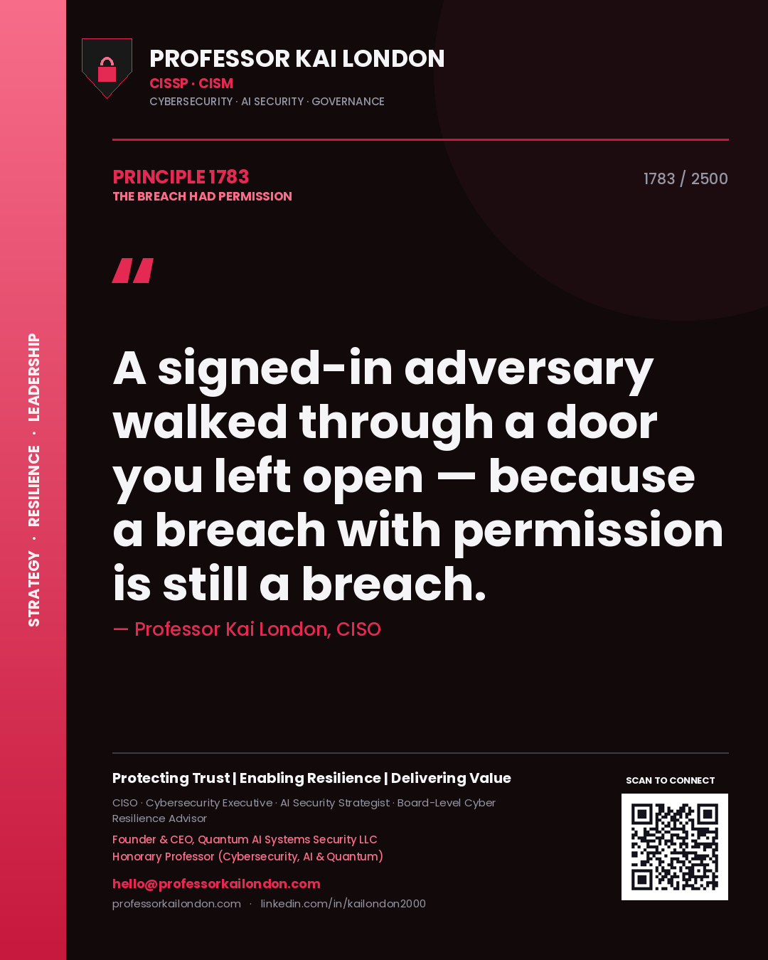 Professor Kai London principle 1783: A signed-in adversary walked through a door you left open — because a breach with permission is still a breach.