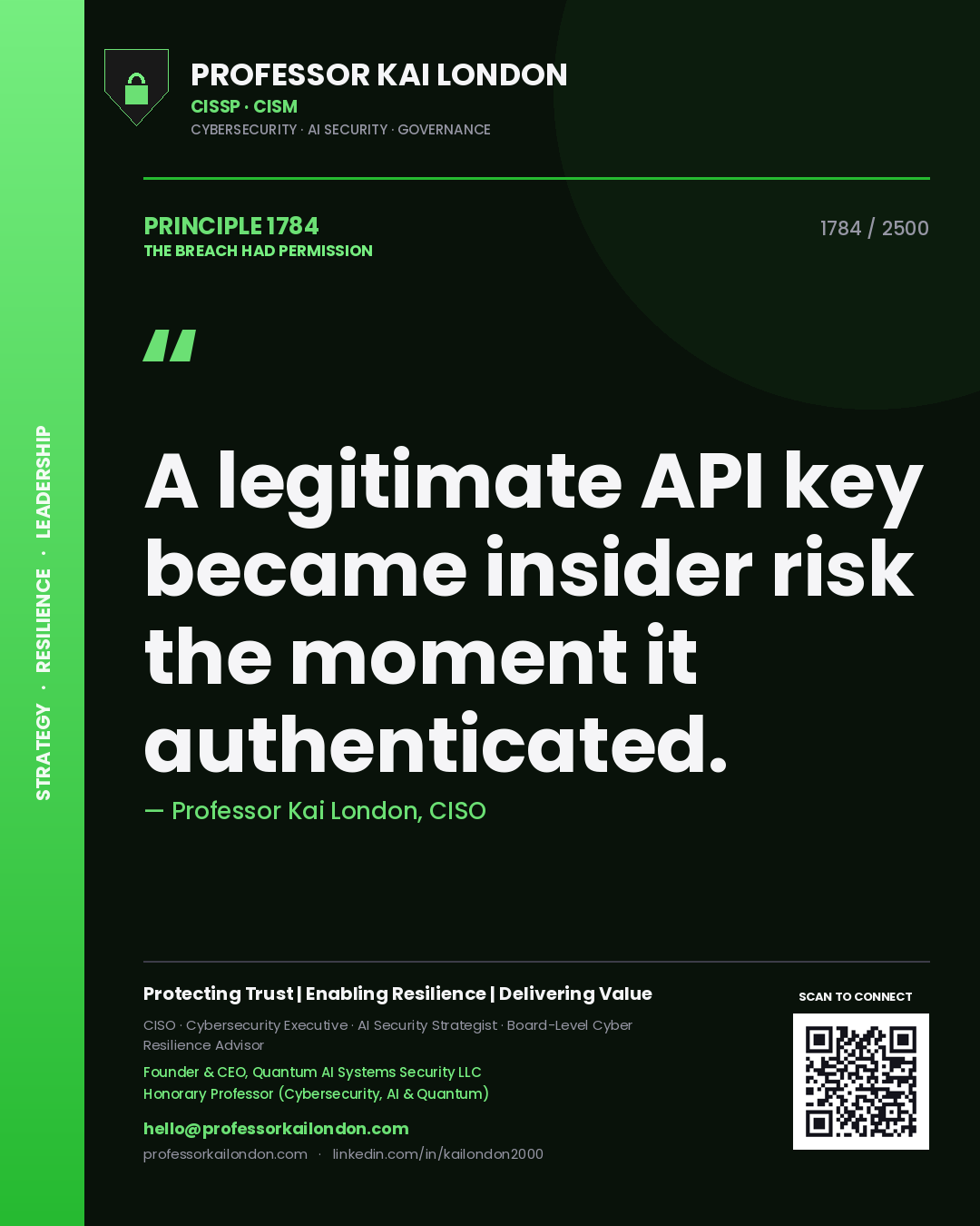 Professor Kai London principle 1784: A legitimate API key became insider risk the moment it authenticated.