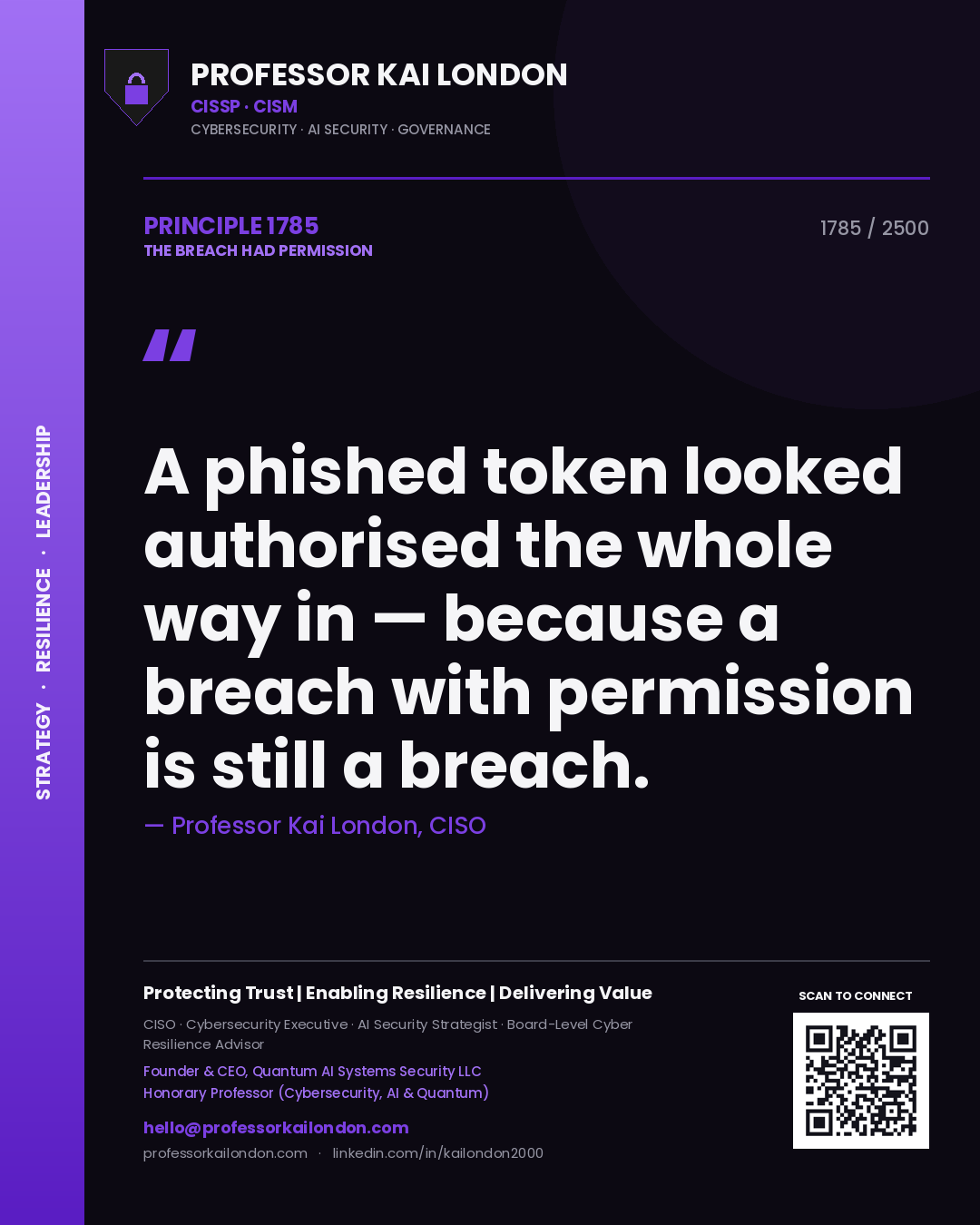 Professor Kai London principle 1785: A phished token looked authorised the whole way in — because a breach with permission is still a breach.