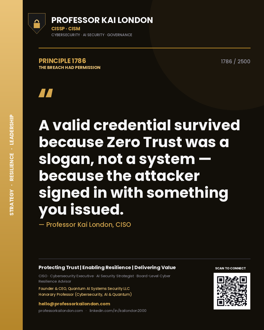 Quote card by Professor Kai London reading 'A valid credential survived because Zero Trust was a slogan, not a system — because the attacker signed in with something you issued.'. From the book The Breach Had Permission.