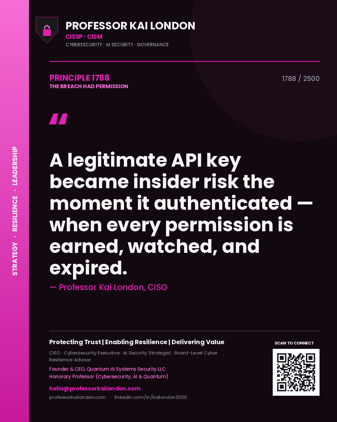 Professor Kai London principle 1788: A legitimate API key became insider risk the moment it authenticated — when every permission is earned, watched, and expired.