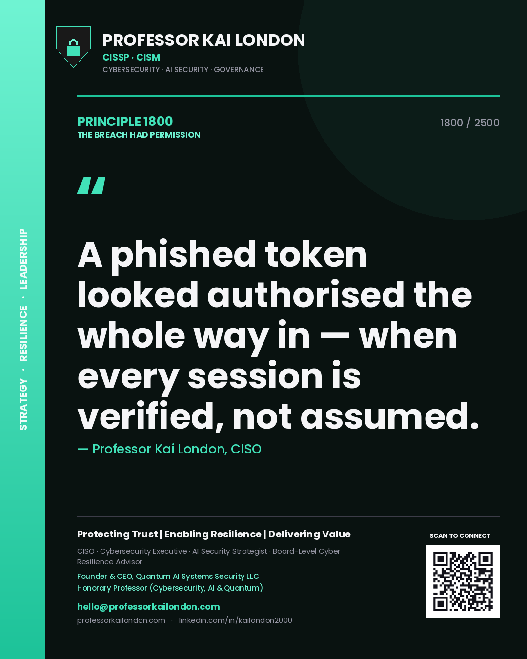Professor Kai London principle 1800: A phished token looked authorised the whole way in — when every session is verified, not assumed.