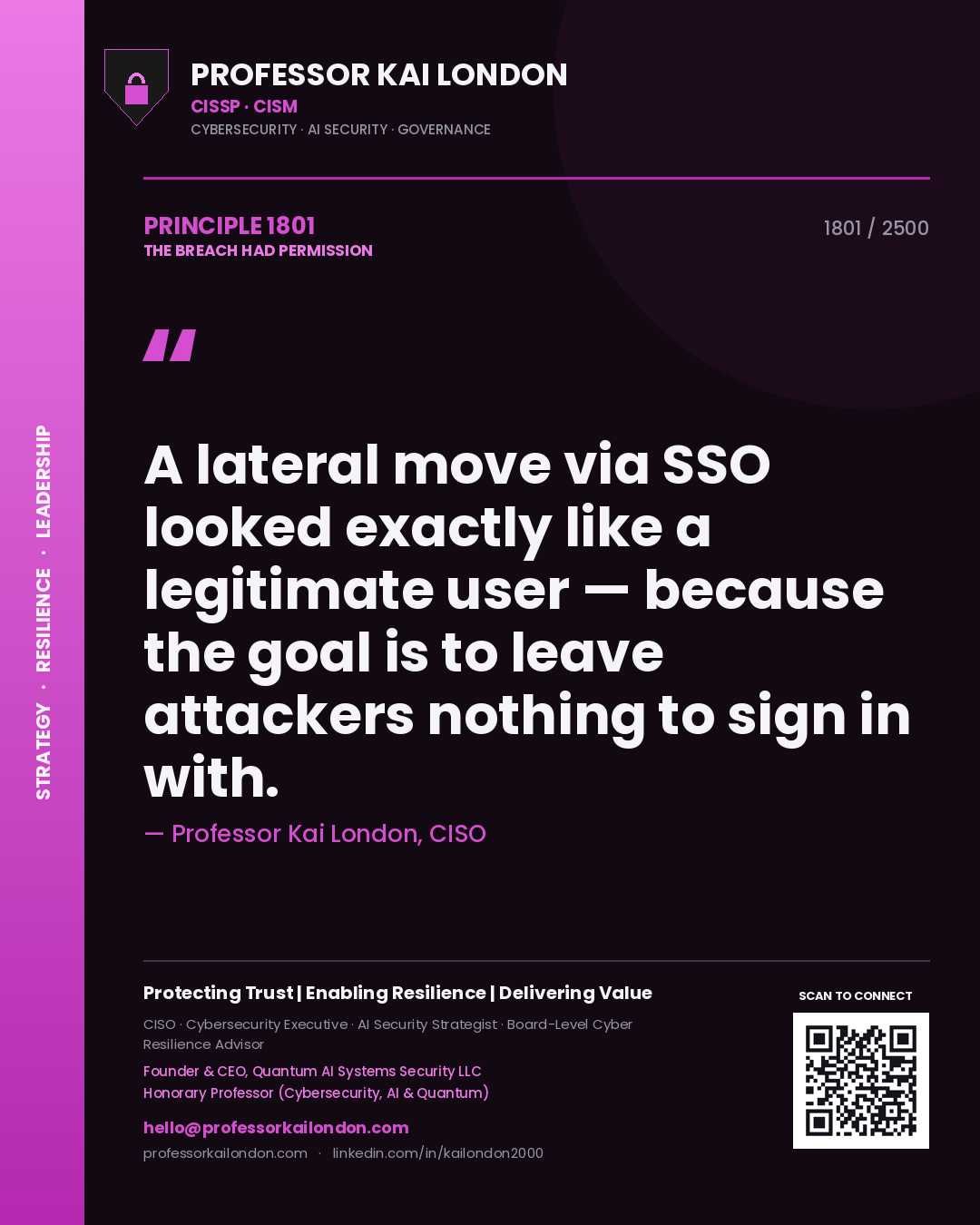 Professor Kai London principle 1801: A lateral move via SSO looked exactly like a legitimate user — because the goal is to leave attackers nothing to sign in with.