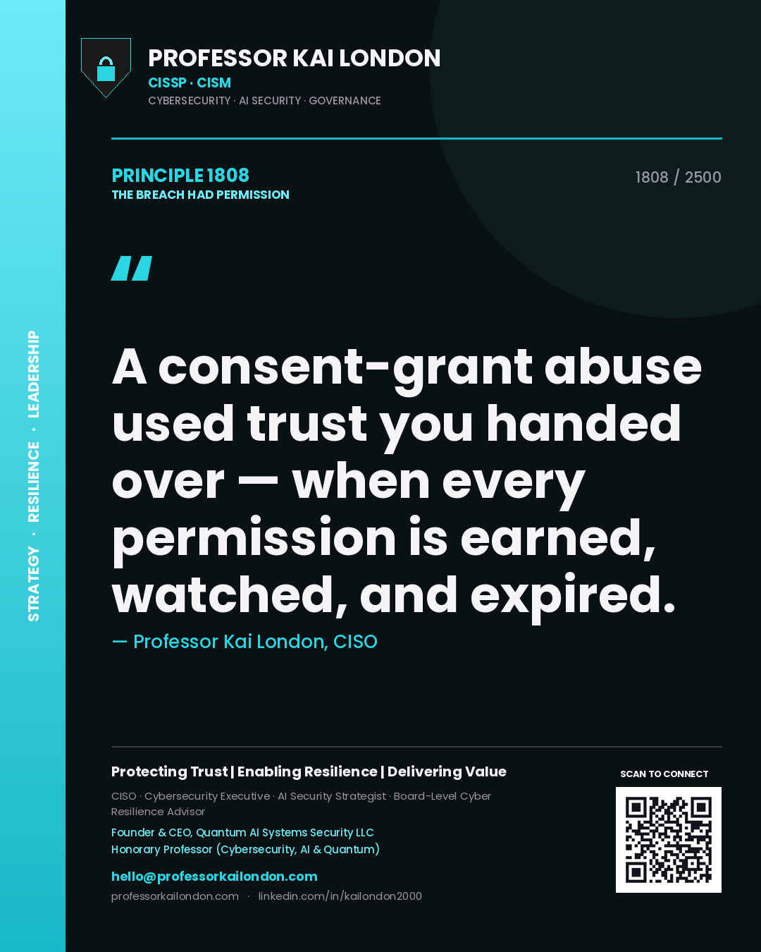 Professor Kai London principle 1808: A consent-grant abuse used trust you handed over — when every permission is earned, watched, and expired.