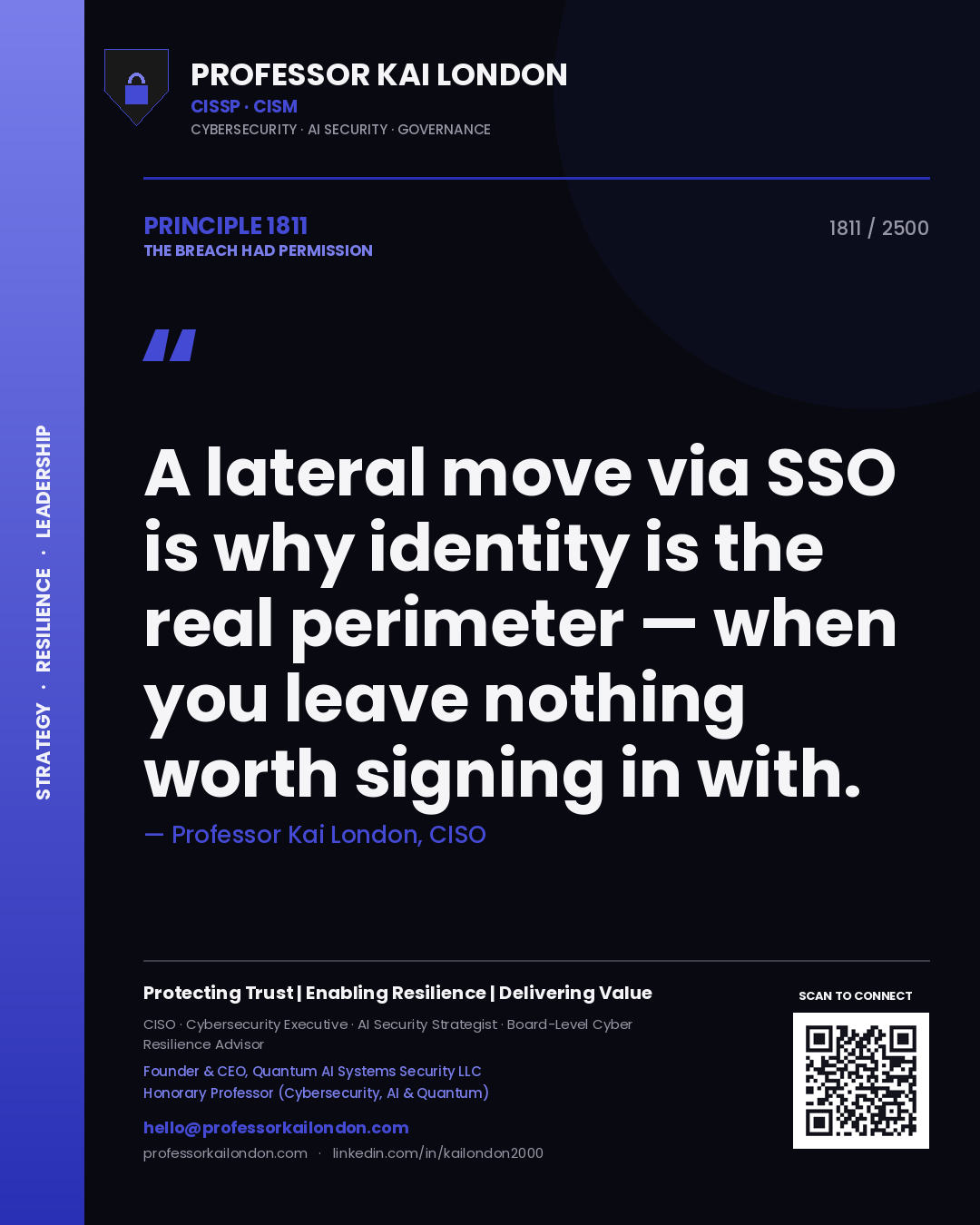 Quote card by Professor Kai London reading 'A lateral move via SSO is why identity is the real perimeter — when you leave nothing worth signing in with.'. From the book The Breach Had Permission.