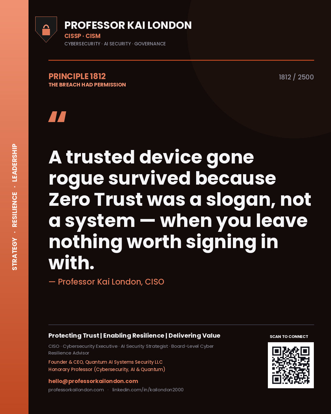 Quote card by Professor Kai London reading 'A trusted device gone rogue survived because Zero Trust was a slogan, not a system — when you leave nothing worth signing in with.'. From the book The Breach Had Permission.