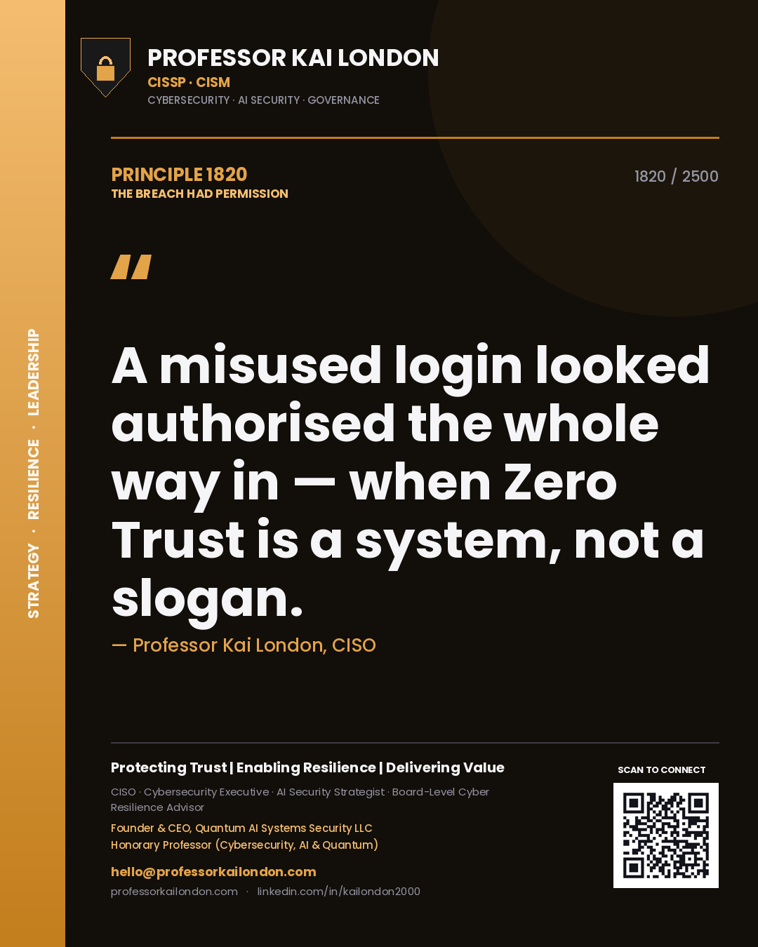 Professor Kai London principle 1820: A misused login looked authorised the whole way in — when Zero Trust is a system, not a slogan.