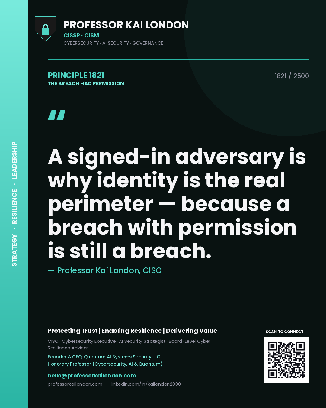 Professor Kai London principle 1821: A signed-in adversary is why identity is the real perimeter — because a breach with permission is still a breach.