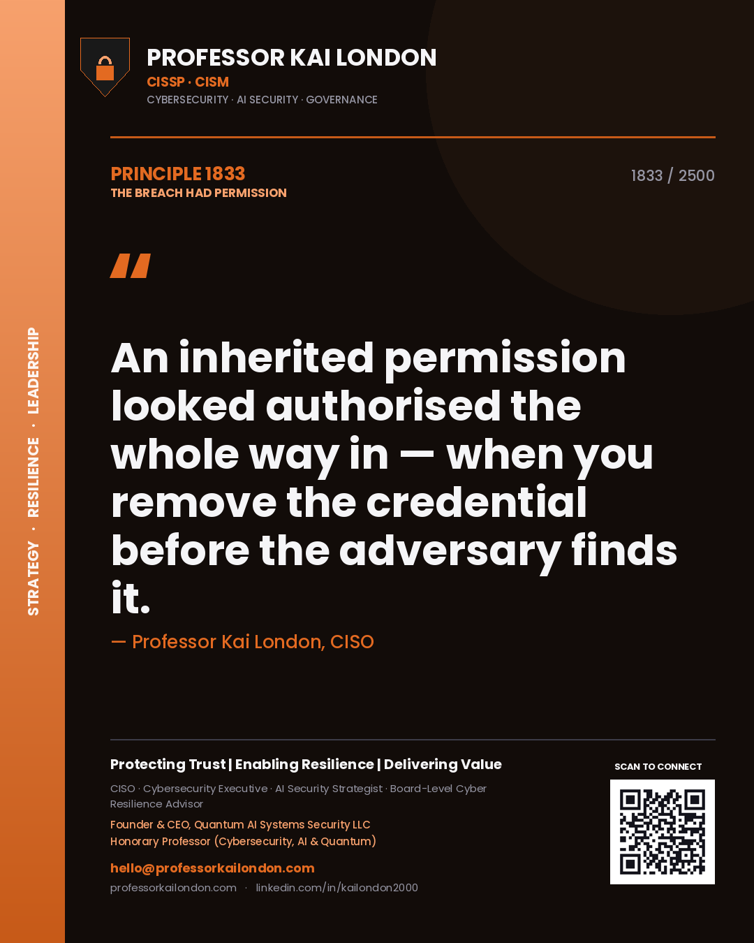 Professor Kai London principle 1833: An inherited permission looked authorised the whole way in — when you remove the credential before the adversary finds it.