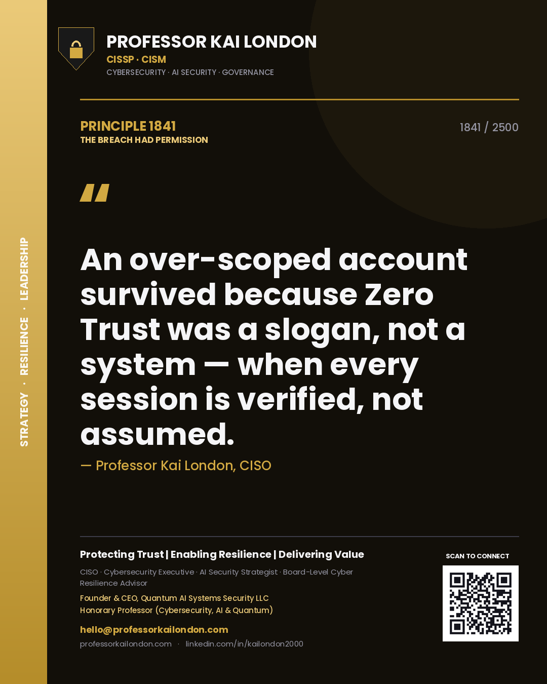 Professor Kai London principle 1841: An over-scoped account survived because Zero Trust was a slogan, not a system — when every session is verified, not assumed.