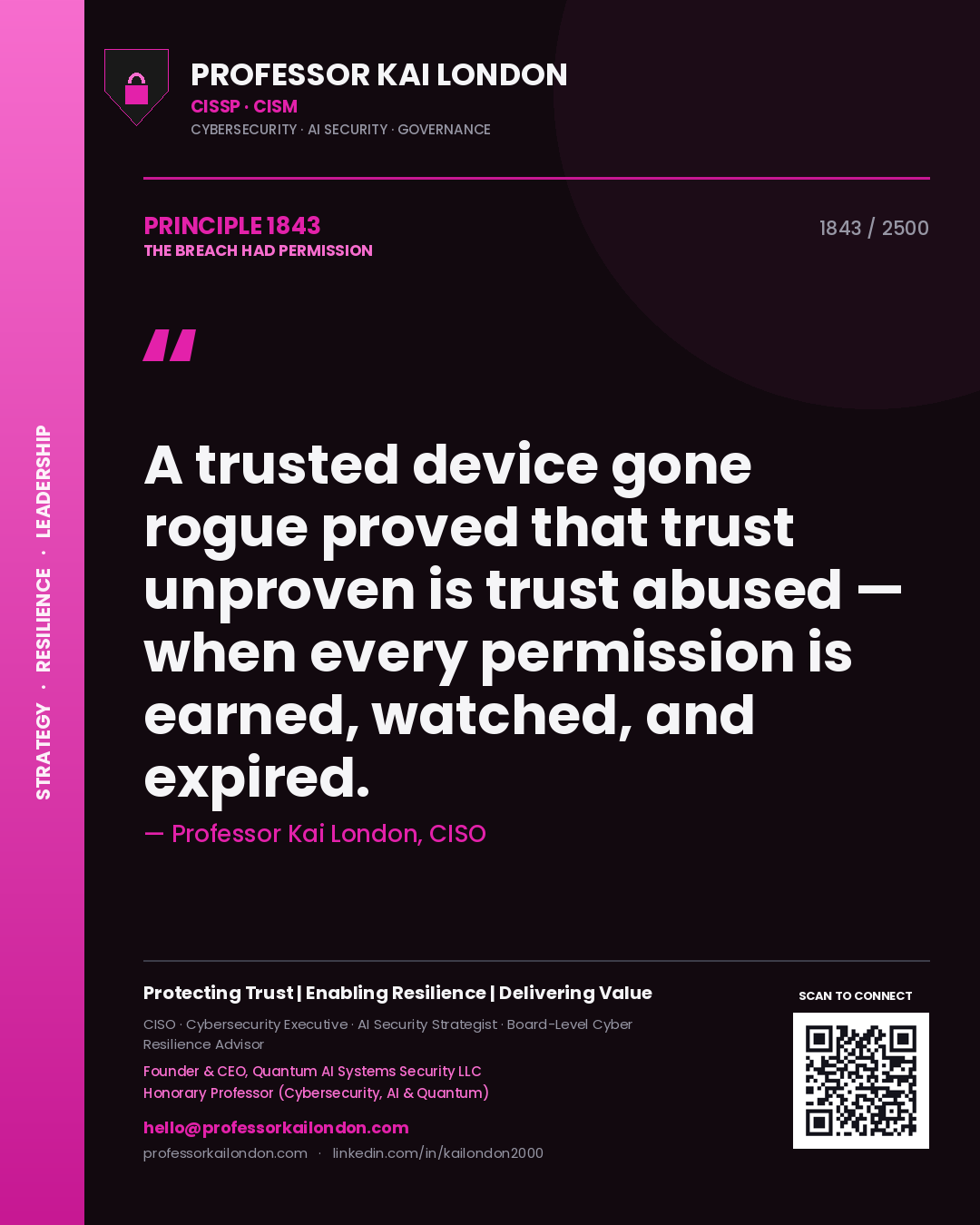 Professor Kai London principle 1843: A trusted device gone rogue proved that trust unproven is trust abused — when every permission is earned, watched, and expired.