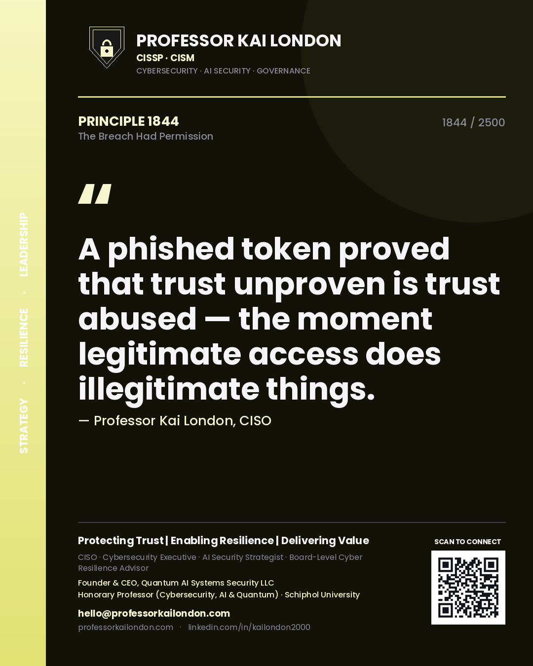 Professor Kai London principle 1844: A phished token proved that trust unproven is trust abused — the moment legitimate access does illegitimate things.