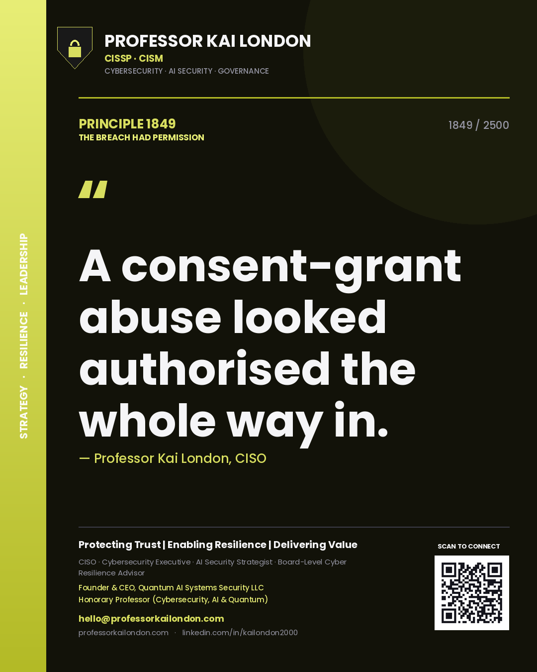 Professor Kai London principle 1849: A consent-grant abuse looked authorised the whole way in.