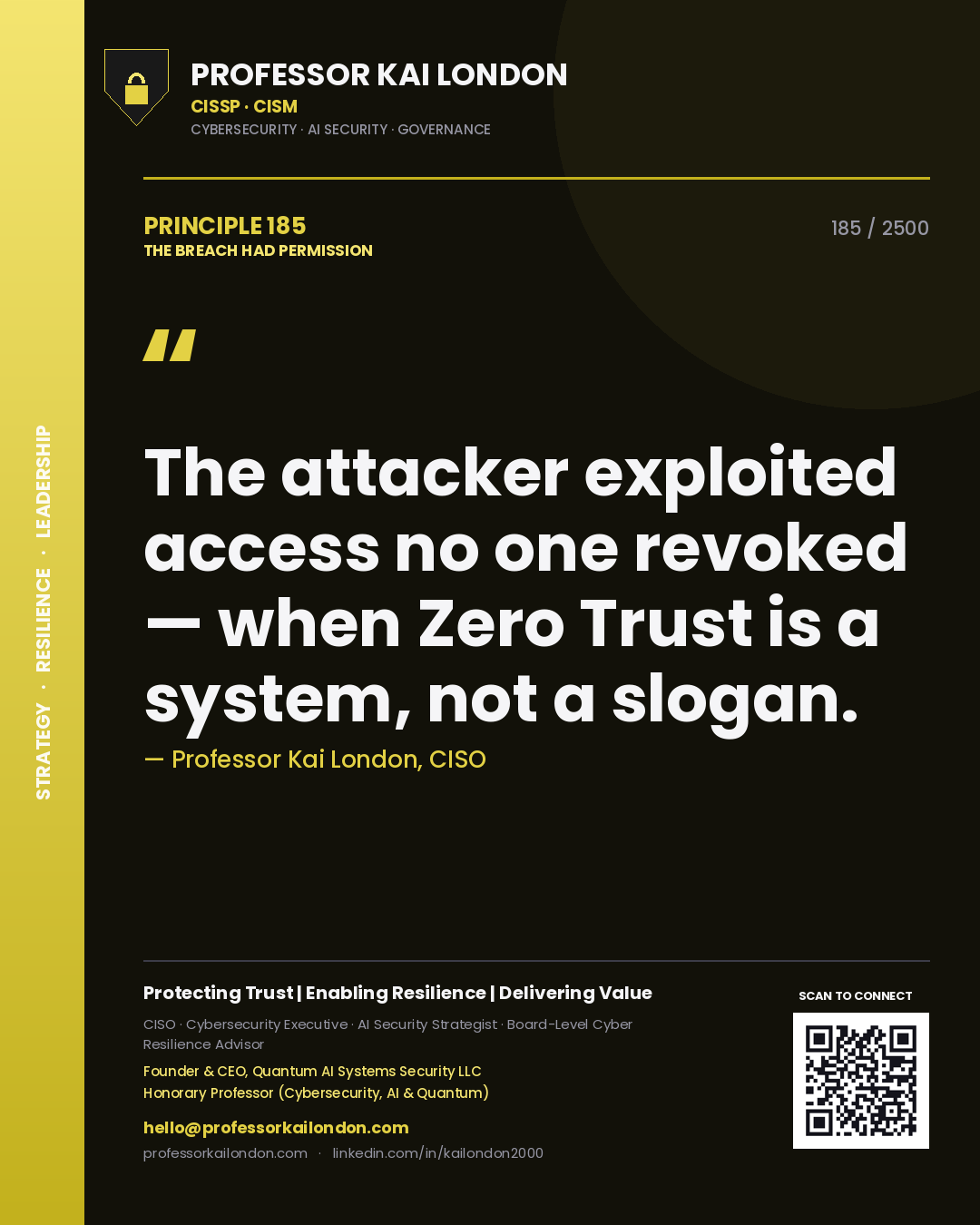 Quote card by Professor Kai London reading 'The attacker exploited access no one revoked — when Zero Trust is a system, not a slogan.'. From the book The Breach Had Permission.