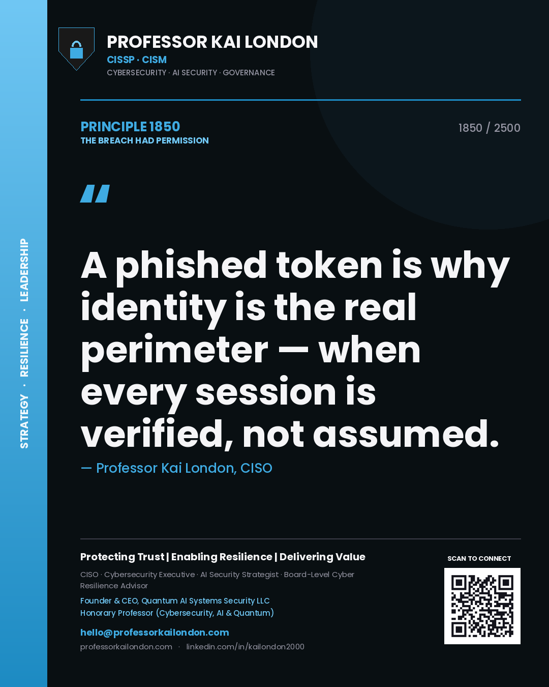 Quote card by Professor Kai London reading 'A phished token is why identity is the real perimeter — when every session is verified, not assumed.'. From the book The Breach Had Permission.