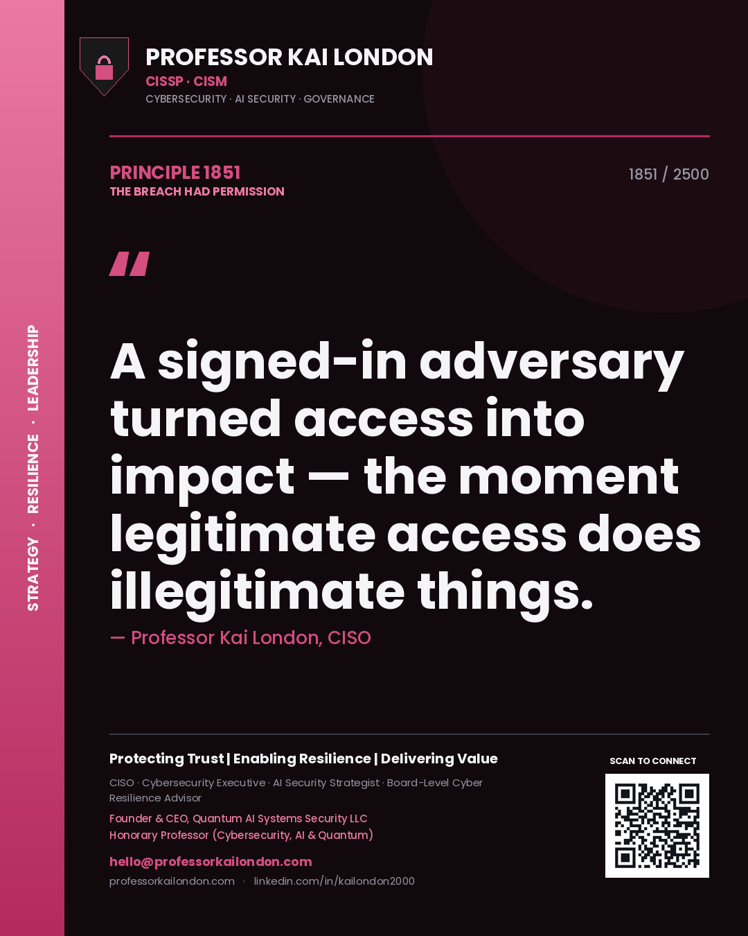 Professor Kai London principle 1851: A signed-in adversary turned access into impact — the moment legitimate access does illegitimate things.