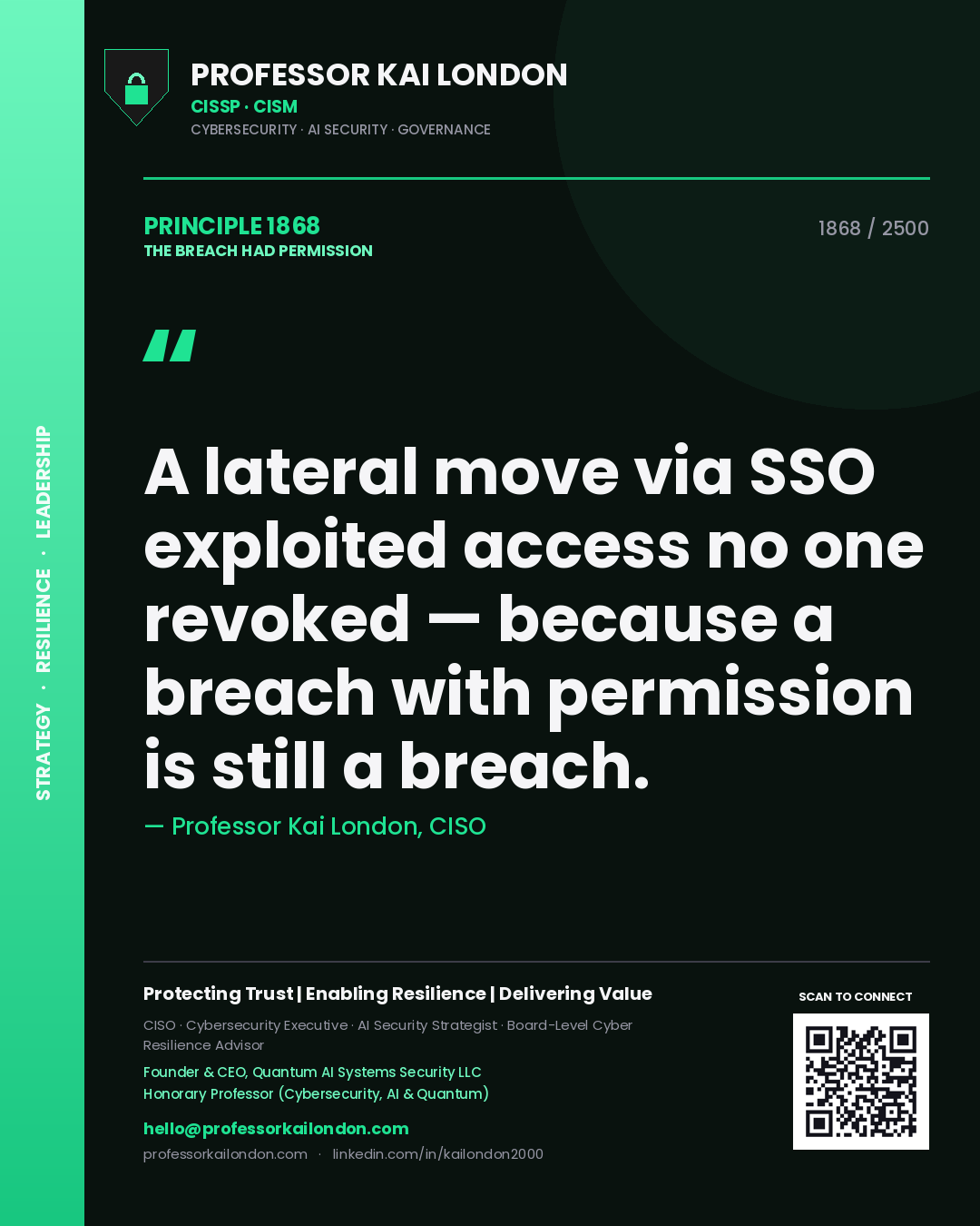 Professor Kai London principle 1868: A lateral move via SSO exploited access no one revoked — because a breach with permission is still a breach.