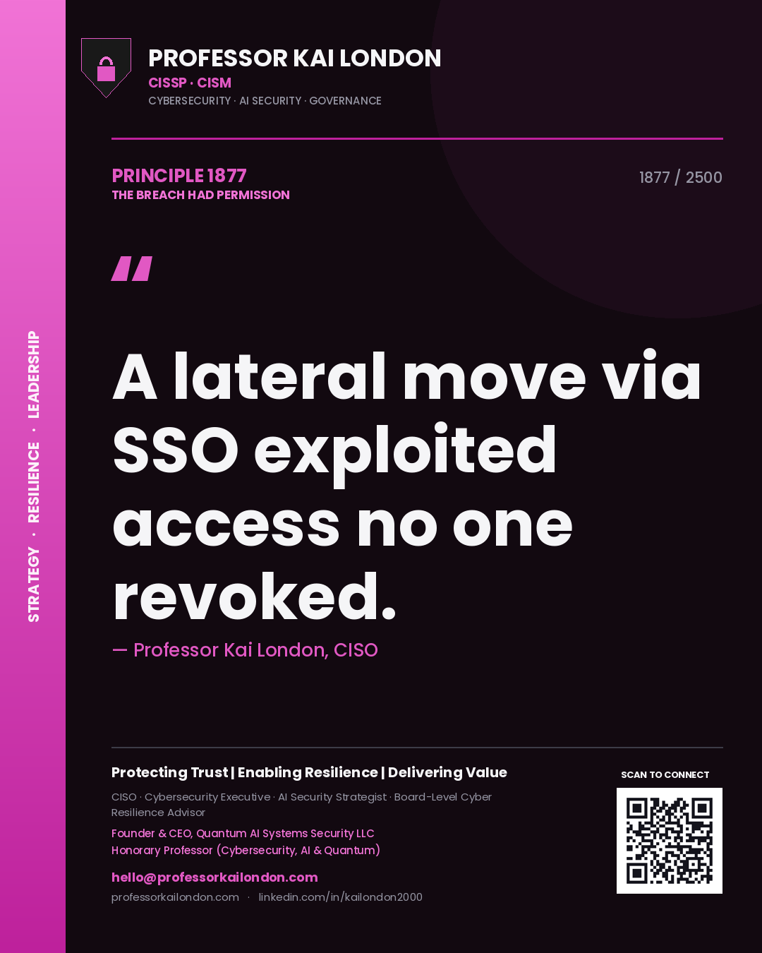 Quote card by Professor Kai London reading 'A lateral move via SSO exploited access no one revoked.'. From the book The Breach Had Permission.
