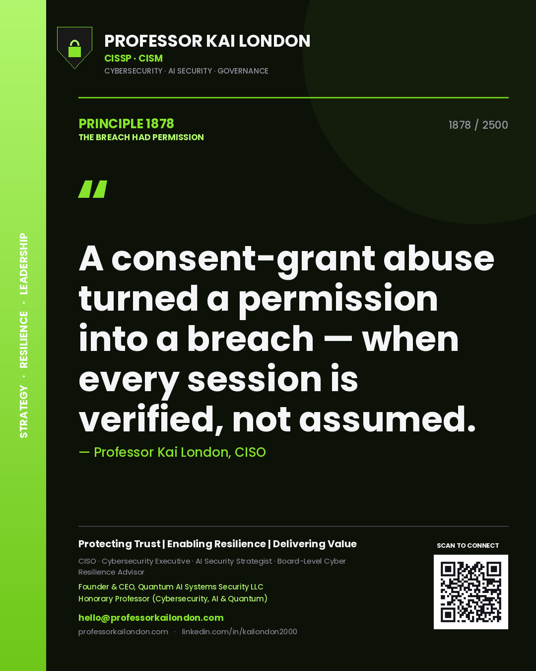 Quote card by Professor Kai London reading 'A consent-grant abuse turned a permission into a breach — when every session is verified, not assumed.'. From the book The Breach Had Permission.