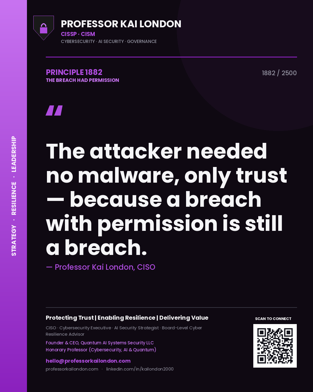 Professor Kai London principle 1882: The attacker needed no malware, only trust — because a breach with permission is still a breach.