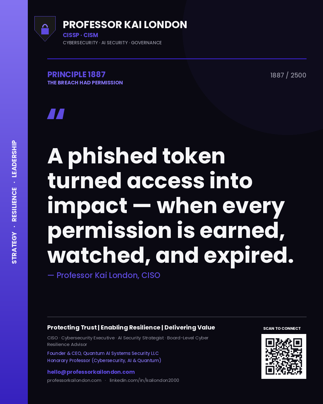Professor Kai London principle 1887: A phished token turned access into impact — when every permission is earned, watched, and expired.