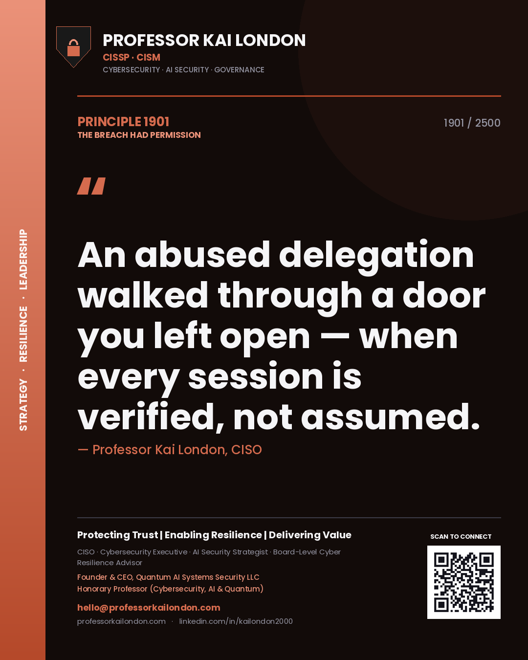 Quote card by Professor Kai London reading 'An abused delegation walked through a door you left open — when every session is verified, not assumed.'. From the book The Breach Had Permission.