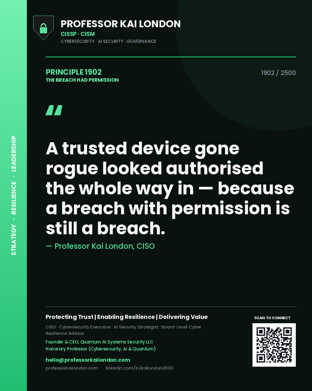 Professor Kai London principle 1902: A trusted device gone rogue looked authorised the whole way in — because a breach with permission is still a breach.
